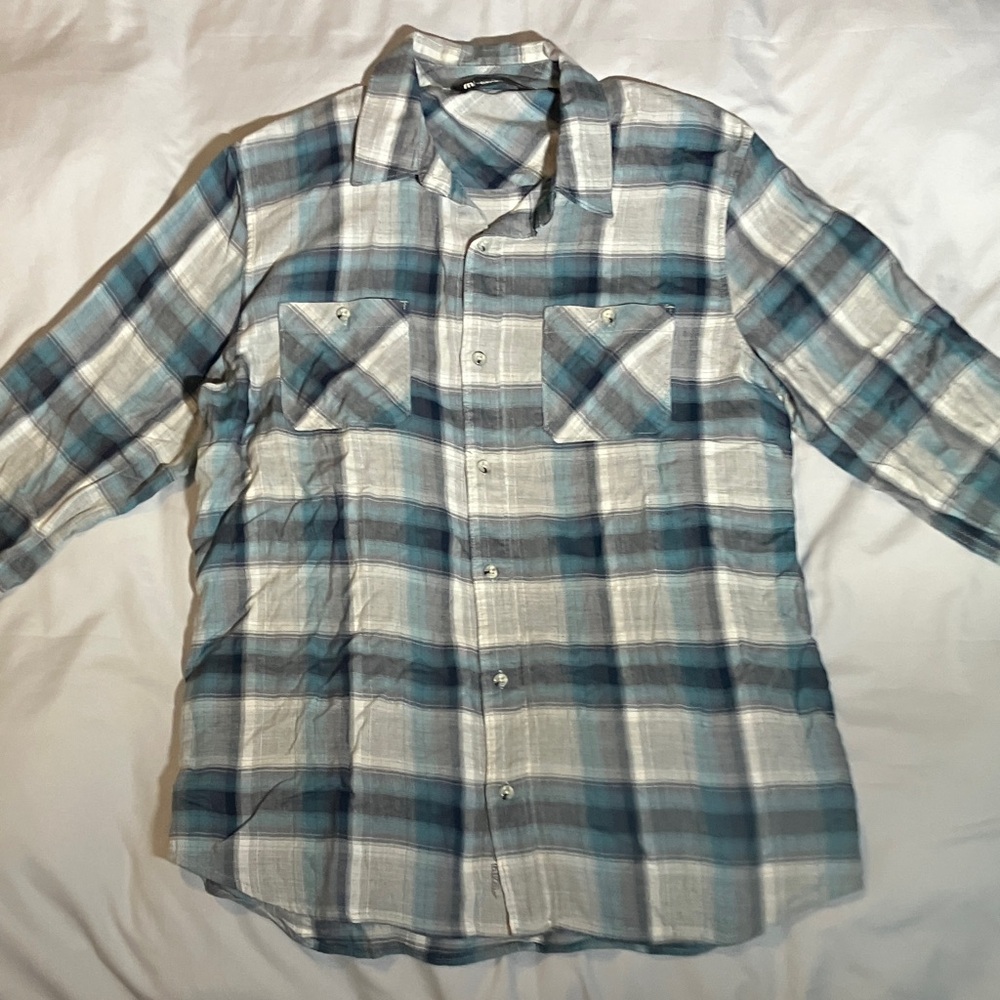 Travis Mathew Blue and Gray Plaid Casual Button Down Shirt